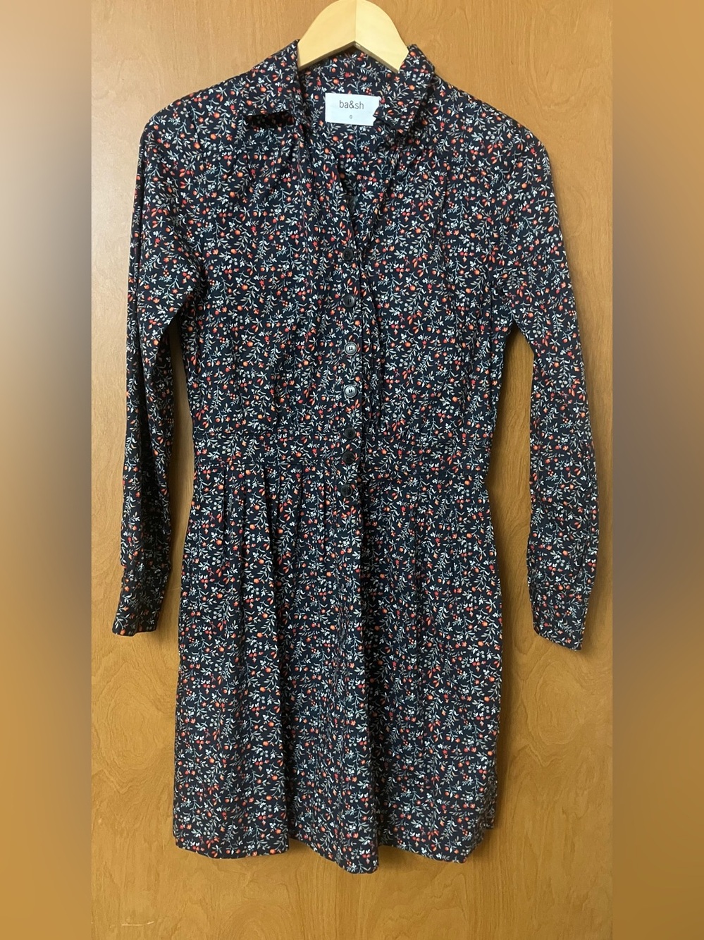 Ba&sh Sara Noir Lady Dress Women's Black Floral V Neck Collared Dress Sz 0 US 4
